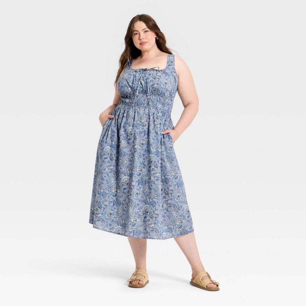 Women's Cotton Midi Pullover Sundress - Universal Thread Blue Floral XXL